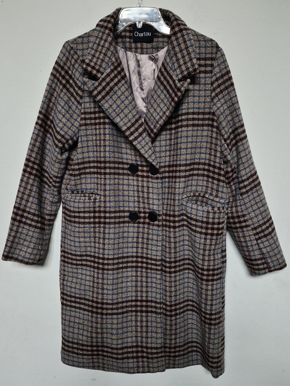 CHARTOU Women's Plaid Wool-Blend Double-Breasted Pea Coat - Brown/Blue Size L